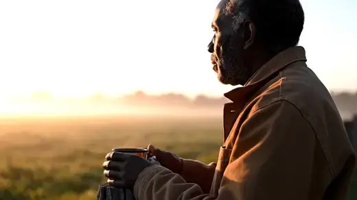 Grey-haired man resting his forearms on a wooden fence post at sunrise with a steel coffee cup
