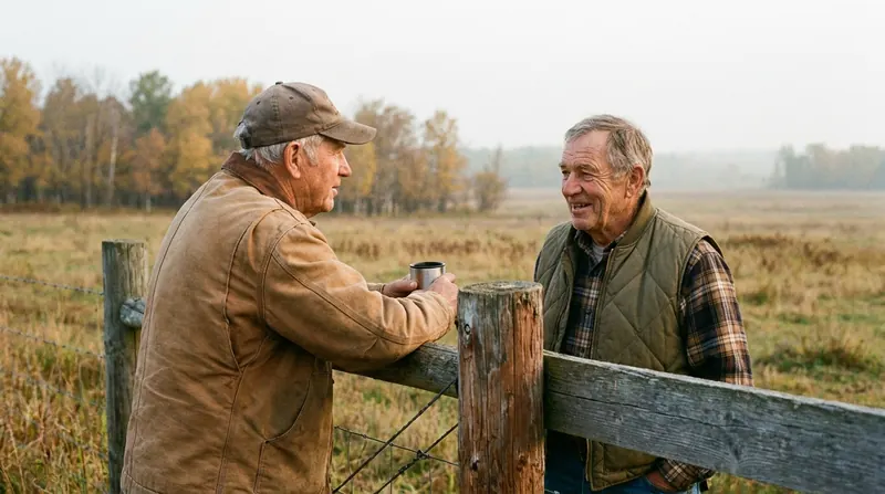 Two men in their late sixties talking across a wooden post-and-wire fence with coffee cups in the morning