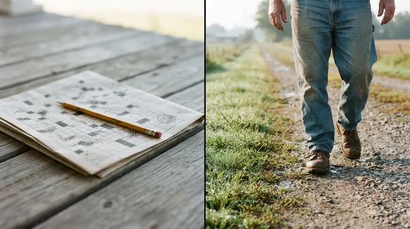 Split image of a newspaper crossword with a pencil on porch boards and work boots on a gravel lane