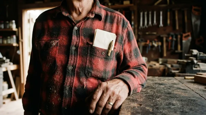 Folded paper list and carpenter's pencil tucked in the pocket of a plaid flannel shirt in a barn workshop