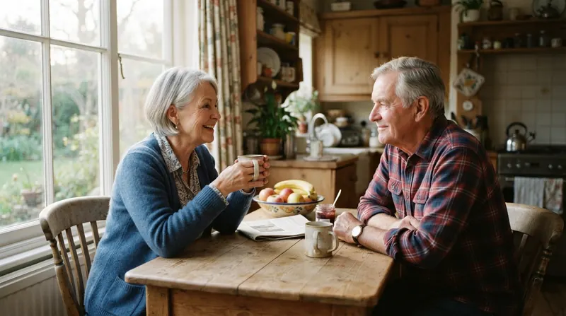 Older married couple talking over coffee at a wooden kitchen table by a window