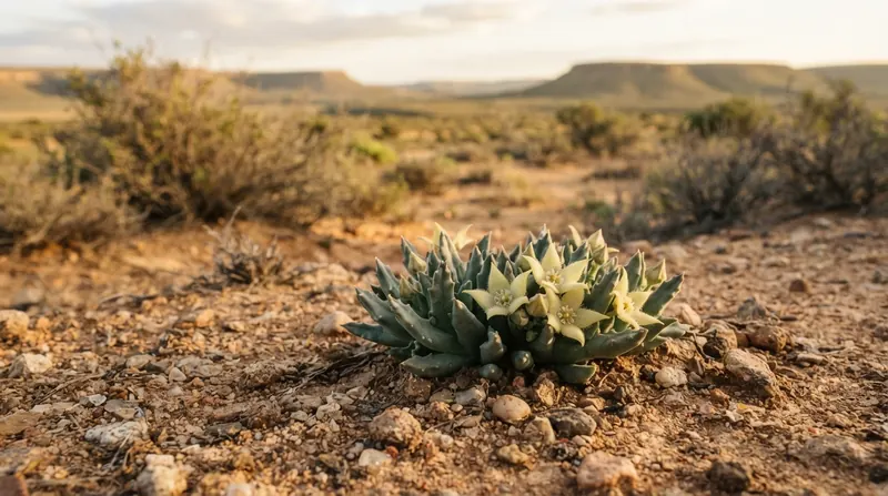 Low grey-green kanna succulent with pale yellow flowers in dry red soil in South African scrubland