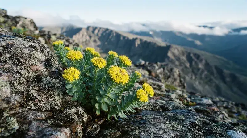 Bright yellow rhodiola flowers growing from grey rock on a cold northern mountain slope
