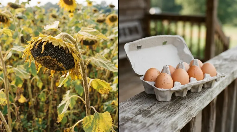 Split image of a sunflower head heavy with seeds and a carton of brown eggs on a porch rail