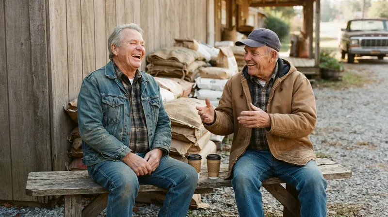 Two men in their early seventies laughing together on a bench outside a rural feed store