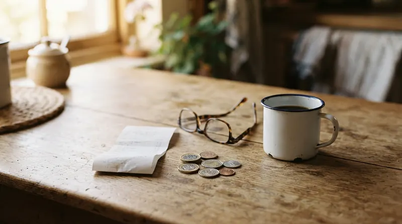 Folded receipt, coins and reading glasses on a wooden kitchen table beside a coffee mug