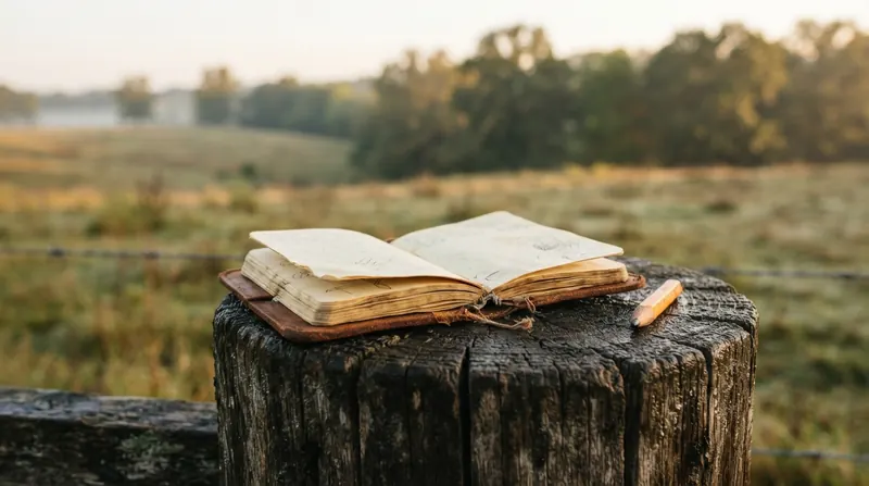 Open pocket notebook and carpenter's pencil on top of a weathered wooden fence post