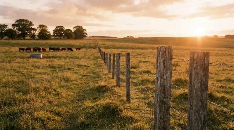 Long wooden post-and-wire fence running across rolling pasture at golden hour