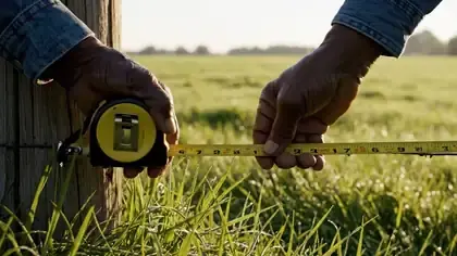 Hand pulling a steel tape measure from one wooden fence post toward the next