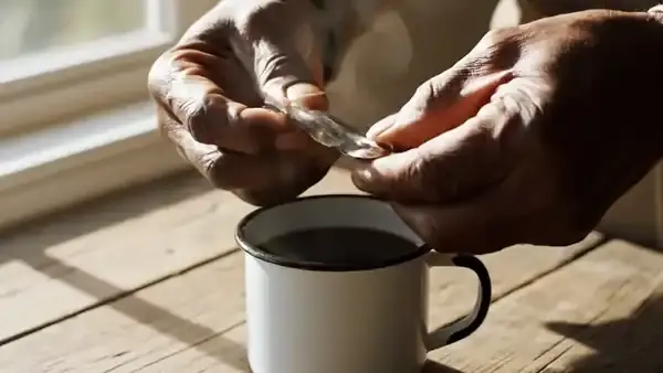 Weathered hands tearing a plain foil packet and squeezing thick paste into a mug of coffee