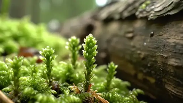 Upright club moss shoots on a damp forest floor with a dew drop falling from one tip