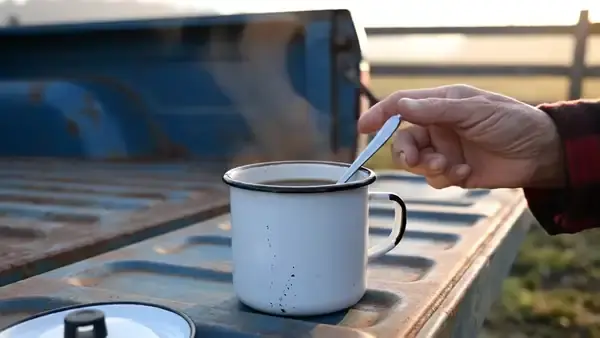 Teaspoon stirring black coffee in an enamel camp mug on a pickup tailgate at dawn